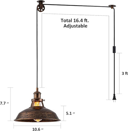 Plug-in Pendant Light with 16FT Cord, Industrial Metal Hanging Lamp with On/Off Switch, Hanging Lights with Plug in Cord for Living Room, Kitchen, Dining Room, Bedroom