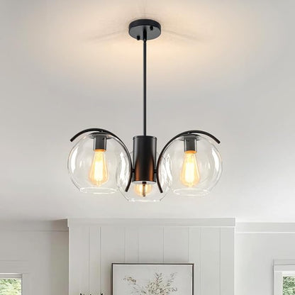 3-Light Black Chandelier with Downward Arched Arms, Modern Farmhouse Pendant Light Fixture with Clear Glass Globe Shades, Ceiling Lighting for Dining Room, Bedroom and Foyer