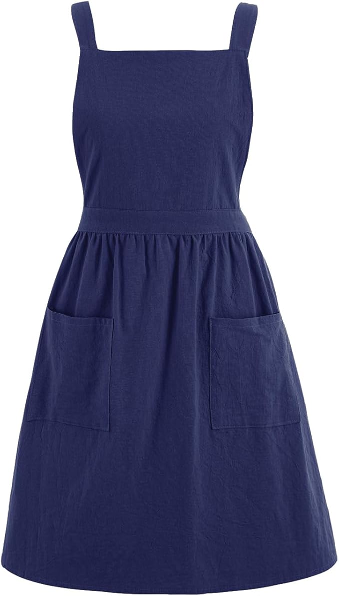 Pinknoke Cotton Linen Pinafore Apron Dress for Women with Pockets Cute Art Chef Aprons for Kitchen Baking Gardening Painting