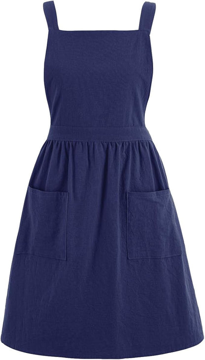 Pinknoke Cotton Linen Pinafore Apron Dress for Women with Pockets Cute Art Chef Aprons for Kitchen Baking Gardening Painting