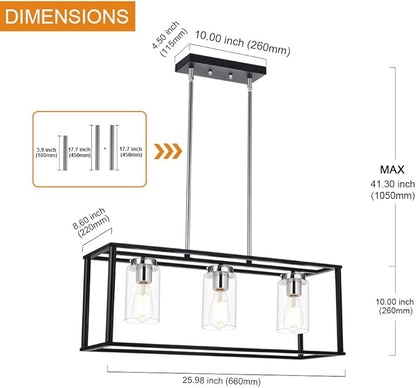 VINLUZ 3 Light Black and Chrome Finish Kitchen Island Light,Adjustable Hanging Pendant Lighting with Clear Glass Shades Rectangular Dining Room Chandeliers Adjustable Height