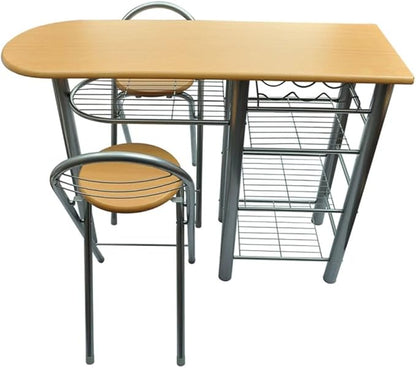 Small Kitchen Dining Table Set with 2 Chairs, Light Brown Wood Bistro Bar Table Set for Small Spaces, Indoor Breakfast Nook, Modern Living Room Furniture with Storage Shelves and Wine Holder