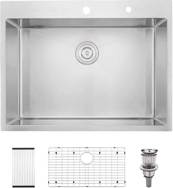 28 Inch Drop In Kitchen Sink Single Bowl, 28x22 Topmount 16 Gauge Stainless Steel Kitchen Sink Brushed Nickel Deep Basin 28x22x10