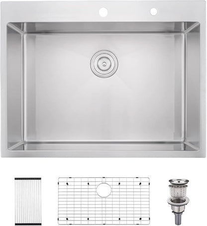 28 Inch Drop In Kitchen Sink Single Bowl, 28x22 Topmount 16 Gauge Stainless Steel Kitchen Sink Brushed Nickel Deep Basin 28x22x10