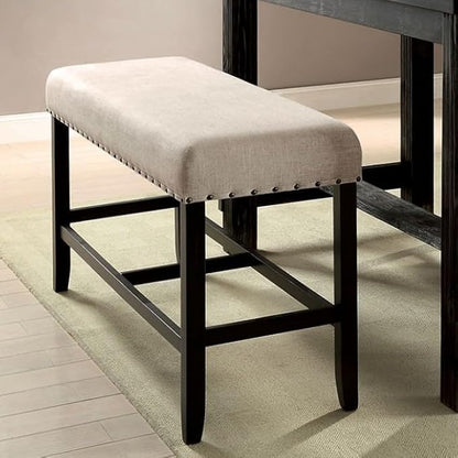Rustic Farmhouse Counter Height Bench, Beige Linen & Antique Black Nailhead Trim - Solid Wood Dining Room Bench for Kitchen Island
