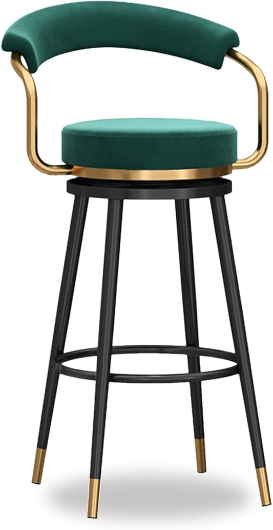 Swivel stools 1PC, Velvet Upholstered Stools with Hollow Back, Metal Chair Legs & Footrest for Kitchen Island Dining Room Pub Home, Seat Height 65cm, Black (Green Seat Height 75cm