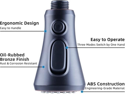 Hibbent Pull Down Spray Head, NSF/ANSI/CAN 61 & CUPC Certified 3-Function Spray Nozzle, 15 Adapters, Kitchen Sink Faucet Head Replacement Compatible with Moen, Delta, Kohler, Oil-Rubbed Bronze