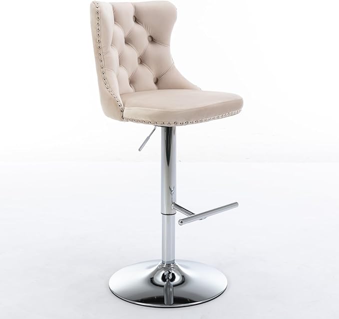 Rhomtree Velvet Swivel Bar Stools Upholstered Bar Stool with Button Tufted Back and Pull Ring Height Adjustable Barstools 25-33 Inch for Home Pub and Kitchen Island (Beige with Silver Base, Set of 6)