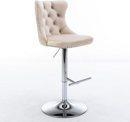 Rhomtree Velvet Swivel Bar Stools Upholstered Bar Stool with Button Tufted Back and Pull Ring Height Adjustable Barstools 25-33 Inch for Home Pub and Kitchen Island (Beige with Silver Base, Set of 6)