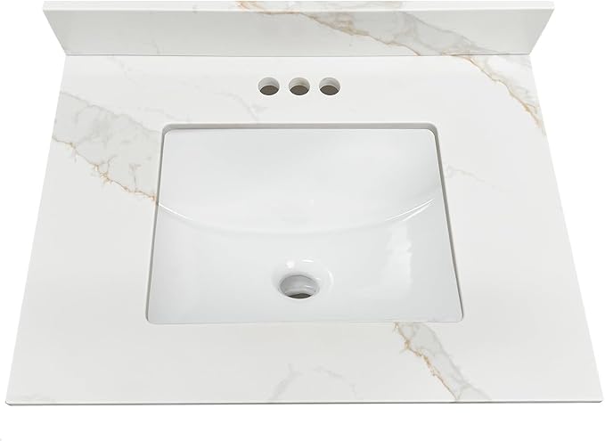 Design House Calesco Calacatta Quartz Bathroom Vanity Top, White with Taupe and Grey Veining, Pre-Mounted White Bowl, 31 in L x 22 in W x 12.5 in H, with Backsplash, 4 in Center Set, 227900-CC-CC
