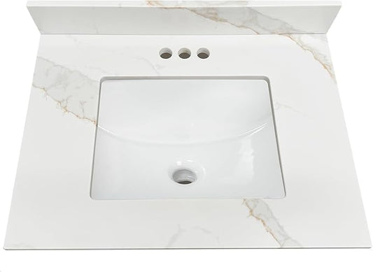 Design House Calesco Calacatta Quartz Bathroom Vanity Top, White with Taupe and Grey Veining, Pre-Mounted White Bowl, 31 in L x 22 in W x 12.5 in H, with Backsplash, 4 in Center Set, 227900-CC-CC