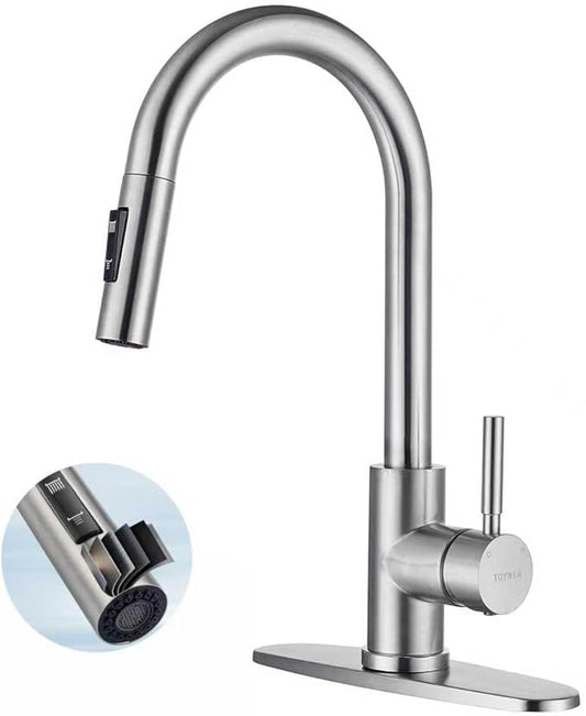 Kitchen Faucets with Pull Down Sprayer, Brushed Nickel Single Handle High Arc Stainless Steel Sink Faucet with Deck Plate, 1 or 3 Hole Deck Mount for RV, Bar, Farmhouse, Laundry, Outdoor
