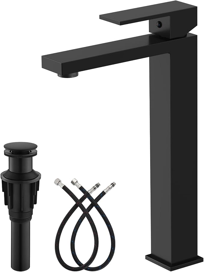gotonovo Vessel Sink Faucet Single Handle Tall Bathroom Faucet One Hole Modern Lavatory Vanity Basin Mixer Tap Matching Supply Hoses and Pop up Drain Without Overflow, Matte Black
