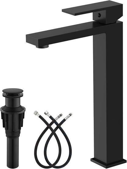 gotonovo Vessel Sink Faucet Single Handle Tall Bathroom Faucet One Hole Modern Lavatory Vanity Basin Mixer Tap Matching Supply Hoses and Pop up Drain Without Overflow, Matte Black