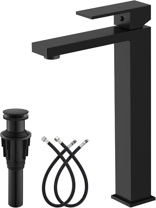 gotonovo Vessel Sink Faucet Single Handle Tall Bathroom Faucet One Hole Modern Lavatory Vanity Basin Mixer Tap Matching Supply Hoses and Pop up Drain Without Overflow, Matte Black