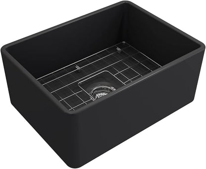 BOCCHI Classico Farmhouse Apron Front Fireclay 24 in. Single Bowl Kitchen Sink with Protective Bottom Grid and Strainer in M.Dark Gray