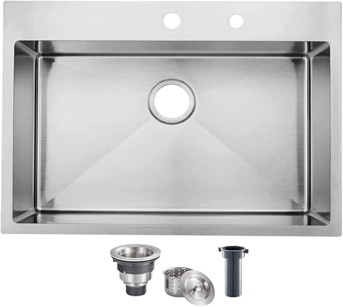 SHACO Kitchen Sink, 33x22 Inch Drop In Kitchen Sink, SUS304 Stainless Steel 33 Inch Single Bowl Top Mount Overmount Sink with Strainer Drain