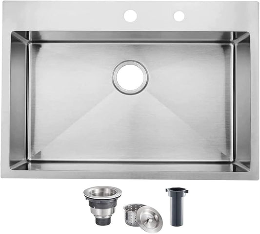 SHACO Kitchen Sink, 33x22 Inch Drop In Kitchen Sink, SUS304 Stainless Steel 33 Inch Single Bowl Top Mount Overmount Sink with Strainer Drain