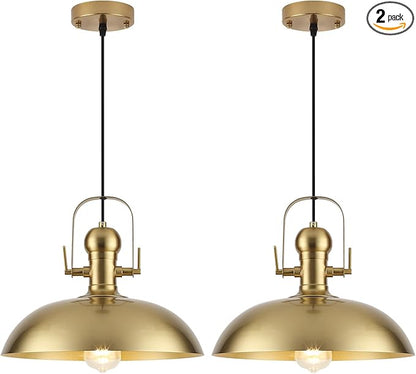 Gold Pendant Lights Kitchen Island 2 Packs, Gold Dome Pendant Light 13.8 Inch, Industrial Farmhouse Pendant Light, Island Pendant Lights for Kitchen Barn Hallway Porch Dining Room