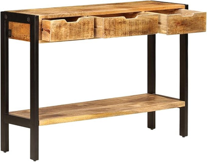 Brown Solid Mango Wood Sideboard, 43.3" Living Room Buffet Cabinet with 3 Drawers, Polished Finish, Powder-Coated Steel Frame, Vintage Console Table Furniture Kitchen Furnitur