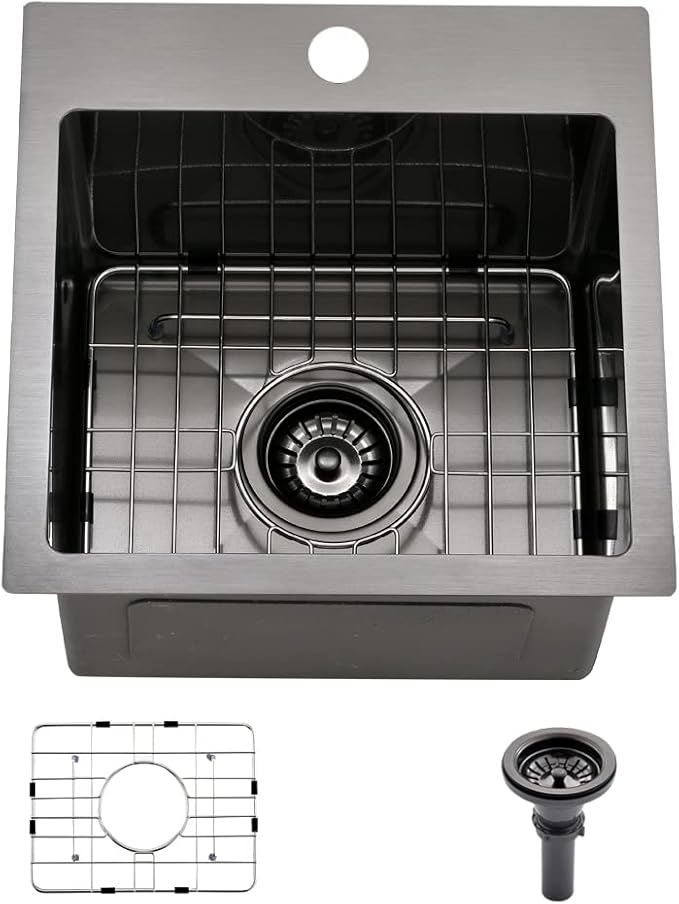 15 Inch Black Bar Sink Drop In,15x15 Drop In Bar Sink Stainless Steel Top Mount Rv Outdoor Sink 16 Gauge Deep Single Bowl Small Kitchen Sink with Dish Grid& Strainer