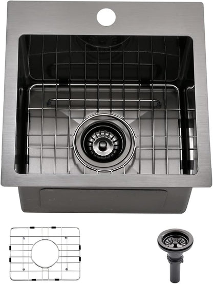 15 Inch Black Bar Sink Drop In,15x15 Drop In Bar Sink Stainless Steel Top Mount Rv Outdoor Sink 16 Gauge Deep Single Bowl Small Kitchen Sink with Dish Grid& Strainer