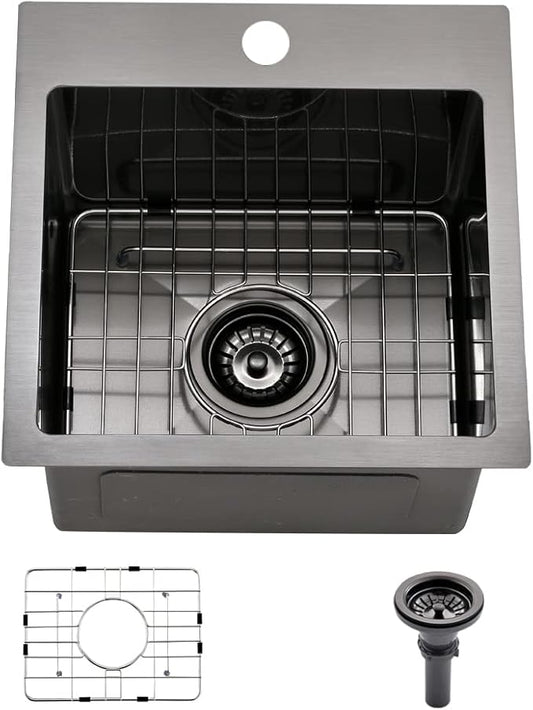 15 Inch Black Bar Sink Drop In,15x15 Drop In Bar Sink Stainless Steel Top Mount Rv Outdoor Sink 16 Gauge Deep Single Bowl Small Kitchen Sink with Dish Grid& Strainer
