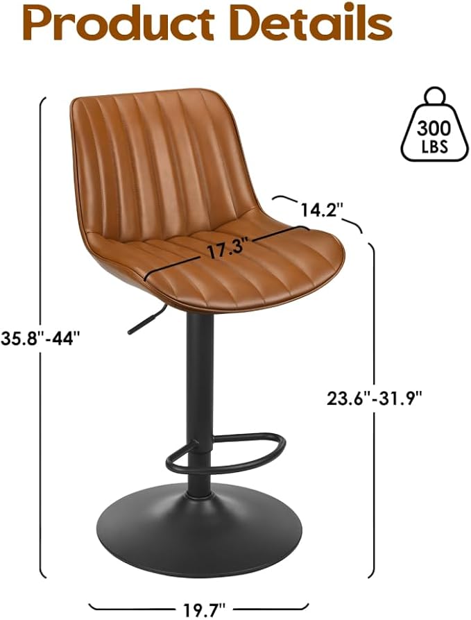 Bar Stools Set of 2, Swivel Adjustable Barstools, with Back Support, PU Leather Counter Height Bar Chairs for Kitchen Island Rustic Barstool, Brown (Brown + PU Leather + Foam)