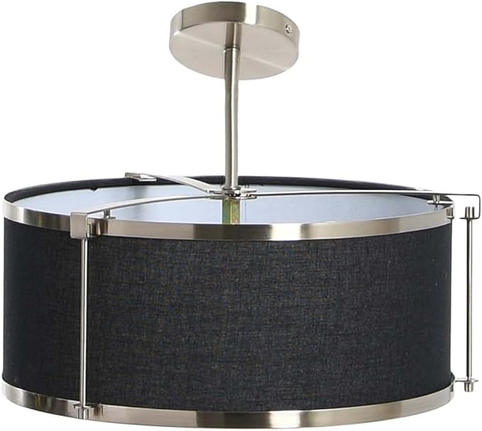 Harrison- Metal Semi-Flush Mount Ceiling Light with Captured Linen Shade, Black and Brushed Nickel