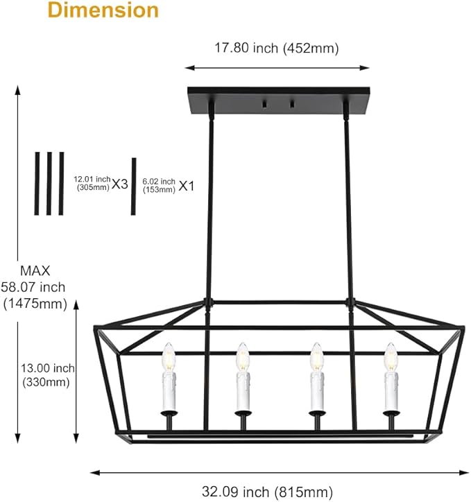 BONLICHT Modern Linear Chandelier Black 4 Light Industrial Kitchen Island Pendant Light Fixtures Ceiling Hanging with Metal Cage Shade, White Farmhouse Chandelier Dining Room Lighting Over Table