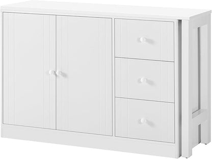 JIJIWANG 89.7'' Wooden Sideboard with Extendable Table,Multifunctional Storage Kitchen Island with 2 Doors and 3 Drawers,for Living Room,Study,Foyer and Kitchen, White