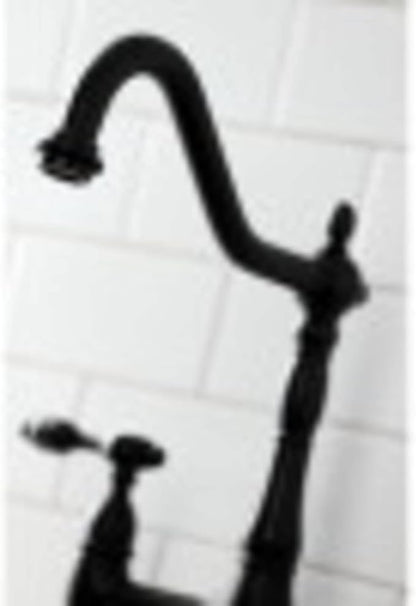Kingston Brass KS1272TALBS Two-Handle 4-Hole Deck Mount Bridge Kitchen Faucet with Brass Sprayer in Polished Brass