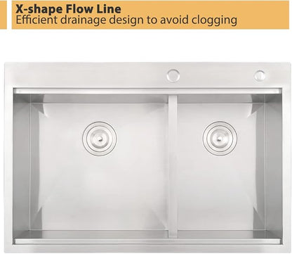 33 Inch Double Bowl Drop In Kitchen Sink Workstation-Bokaiya 33x22 Double Bowl Kitchen Sink Drop In Stainless Steel 16 Gauge Deep 60/40 Low Divide Sinks with Cutting Board