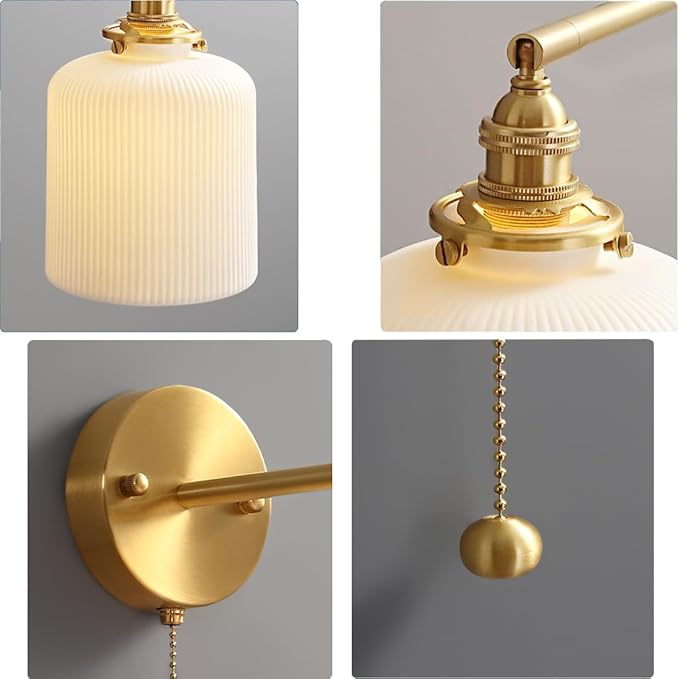 Vintage Wall Sconce Light Ceramic Wall Lamp with Pull Chain Switch White Ceramic Shade Retro Gold Brass Wall Lighting for Bedroom Kitchen Sink Farmhouse
