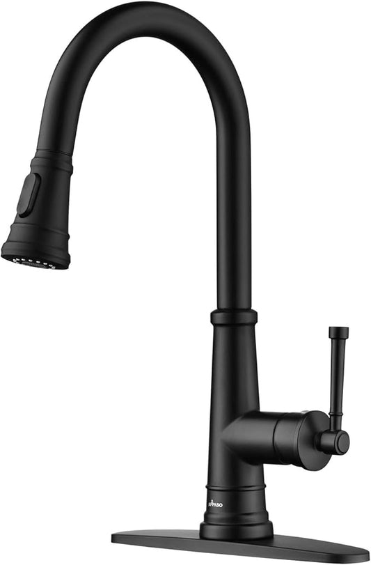 APPASO Vintage Black Kitchen Faucet with Pull-Down Sprayer, 1 or 3 Hole Kitchen Sink Faucets with Deck Plate, Stainless Steel High Arc Single-Handle Sink Faucet, CUPC-Certified Pull-Out Hose