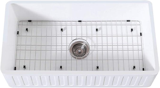 Gourmetier KGKFA361810RM 36-Inch x 18-Inch Single Bowl Apron-Front Farmhouse Kitchen Sink with-Drain and-Rack, Matte White/Brushed