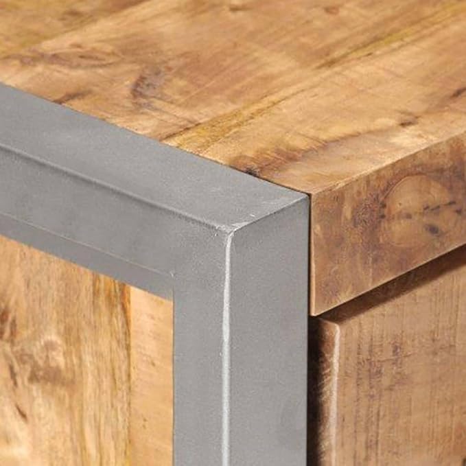 Natural Mango Wood Sideboard, Grey Finish, Industrial Design, 2 Drawers, 2 Doors, 23.6x13.8x28.3in, Living Room Storage Cabinet Furniture Kitchen Furnitur
