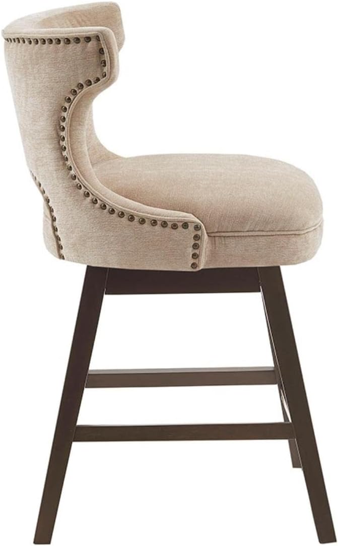 Madison Park Emmett Swivel Counter Stool - Chic Modern, Scoop Back, Counter Height Barstool, Kitchen Island Chair, Solid Wood Legs, Silver Nailhead Accent, Assembly Required, 37" High Beige