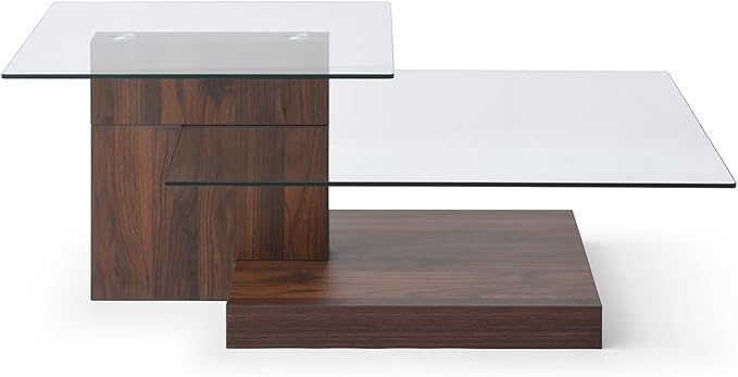 Glass Coffee Table with Storage, 44 Inch Rectangular Coffee Tables for Living Room, 3-Tier Tempered Glass Wooden Center Table Modern Accent Cocktail Table for Home Office (Walnut)