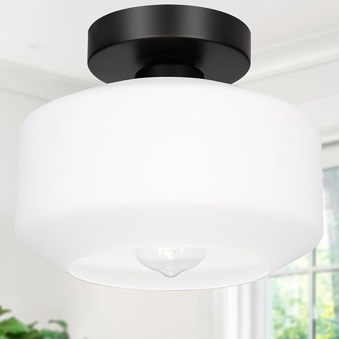 Lynnoland Industrial Semi Flush Mount Ceiling Light, Milky White Glass Shade Ceiling Light Fixture, Black Light Fixture for Hallway Bathroom Bedroom, Vintage Hanging Light Fixtures