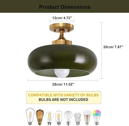 Mid Century Modern Ceiling Light, Dark Green Semi Flush Mount Fixture with Glass Shade, Vintage Chandelier for Hallway Entryway Bathroom Foyer Closet Kitchen