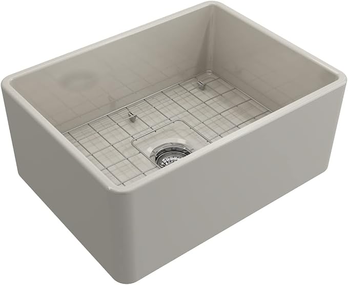 BOCCHI Classico Farmhouse Apron Front Fireclay 24 in. Single Bowl Kitchen Sink with Protective Bottom Grid and Strainer in Biscuit