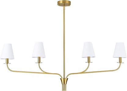 Modern 42" Linear Chandelier for Kitchen Island & Dining Room - 4-Light Gold Finish with White Fabric Shades, Adjustable Hanging Pendant Light Fixture, E12