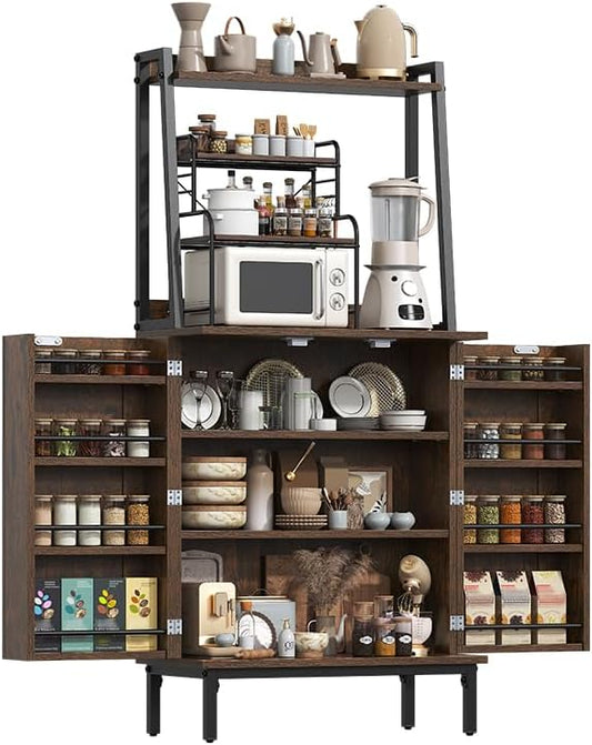 kepptory 51" Pantry Cabinet, Kitchen Pantry Storage Cabinet with, Storage Shelves, Modern Kitchen Hutch with Microwave Stand, Adjustable Shelves, Food Pantry Cabinet for Dining Room (Brown)