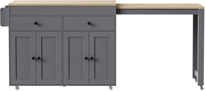 Modern Dining Table 74.5 Inch Kitchen Island with Extendable Table, Rolling Cart with 4 Door Cabinet, 2 Drawers, Spice Rack, Wood Counter for Living Room,Grey-MDF