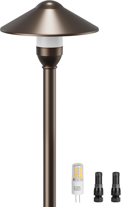 PARTPHONER Low Voltage Landscape Lighting 1-Pack, Aluminum 12V Pathway Lights with G4 Bulbs, Waterproof Oil Rubbed Bronze Color Round Shade Path Lights with Connectors for Walkway Yard Garden