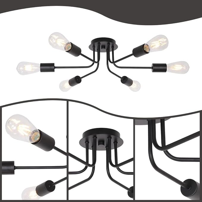 Semi Flush Mount Ceiling Light Fixture 6-Light Modern Sputnik Chandelier Lighting Black Vintage Metal Ceiling Lamp E26 Living Room Light Fixtures for Kitchen Dining Room Bedroom Foyer