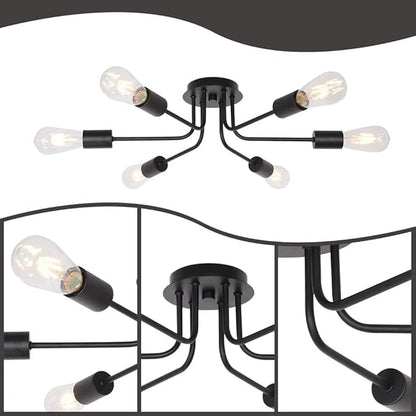 Semi Flush Mount Ceiling Light Fixture 6-Light Modern Sputnik Chandelier Lighting Black Vintage Metal Ceiling Lamp E26 Living Room Light Fixtures for Kitchen Dining Room Bedroom Foyer