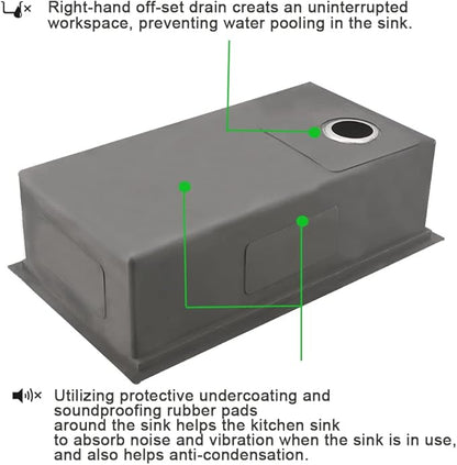 30 Inch Undermount Kitchen Sink 16 Gauge Stainless Steel Kitchen Sink R10 Single Bowl Workstation with Offset Drain 30"x19"x10"