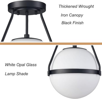 HOLKIRT Modern Globe Semi Flush Mount Ceiling Light,Black Ceiling Light Fixture with Opal Glass 7Inch/18CM,Mid Century Kitchen Light Fixtures Hallway Light Fixtures Ceiling for Bedroom Kitchen